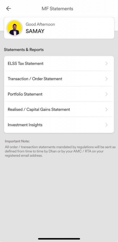 Dhan Mutual Fund Statement