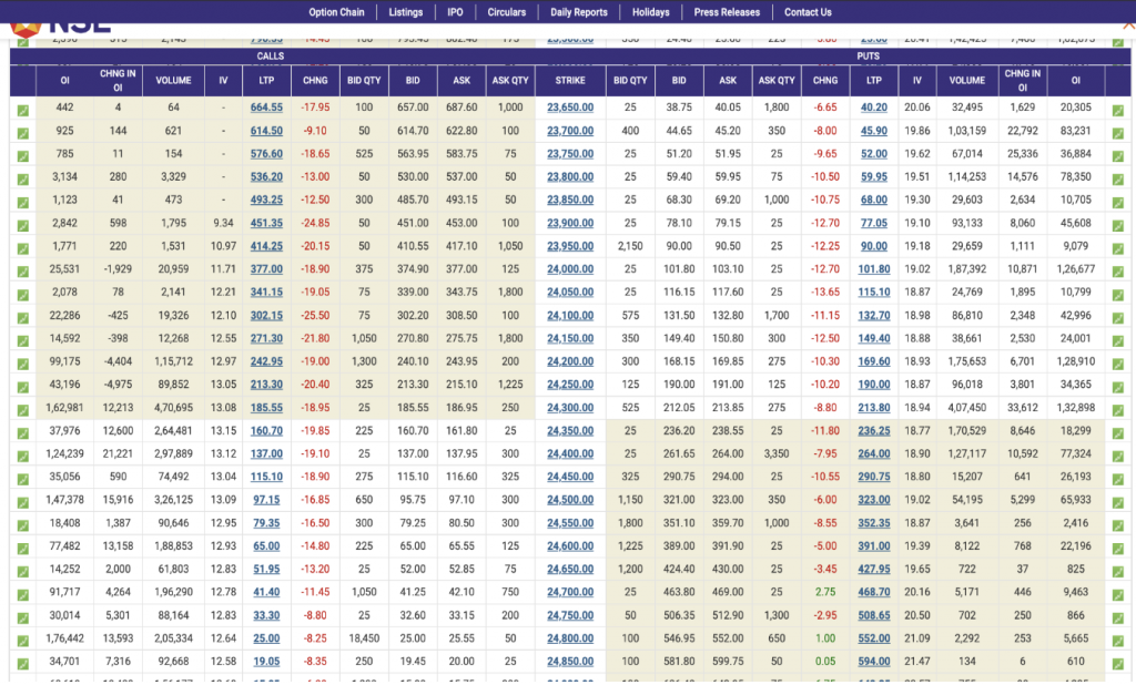 Nifty options chain with strike prices, OI, volume, bid-ask for calls and puts.