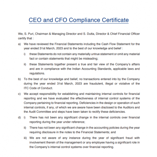 Excerpt from ITC’s CEO and CFO compliance certificate for FY22-23